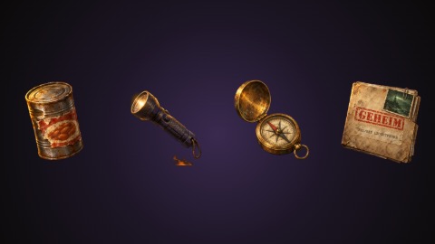 Painted finds from the game: a tin can, a flashlight, a compass and a file